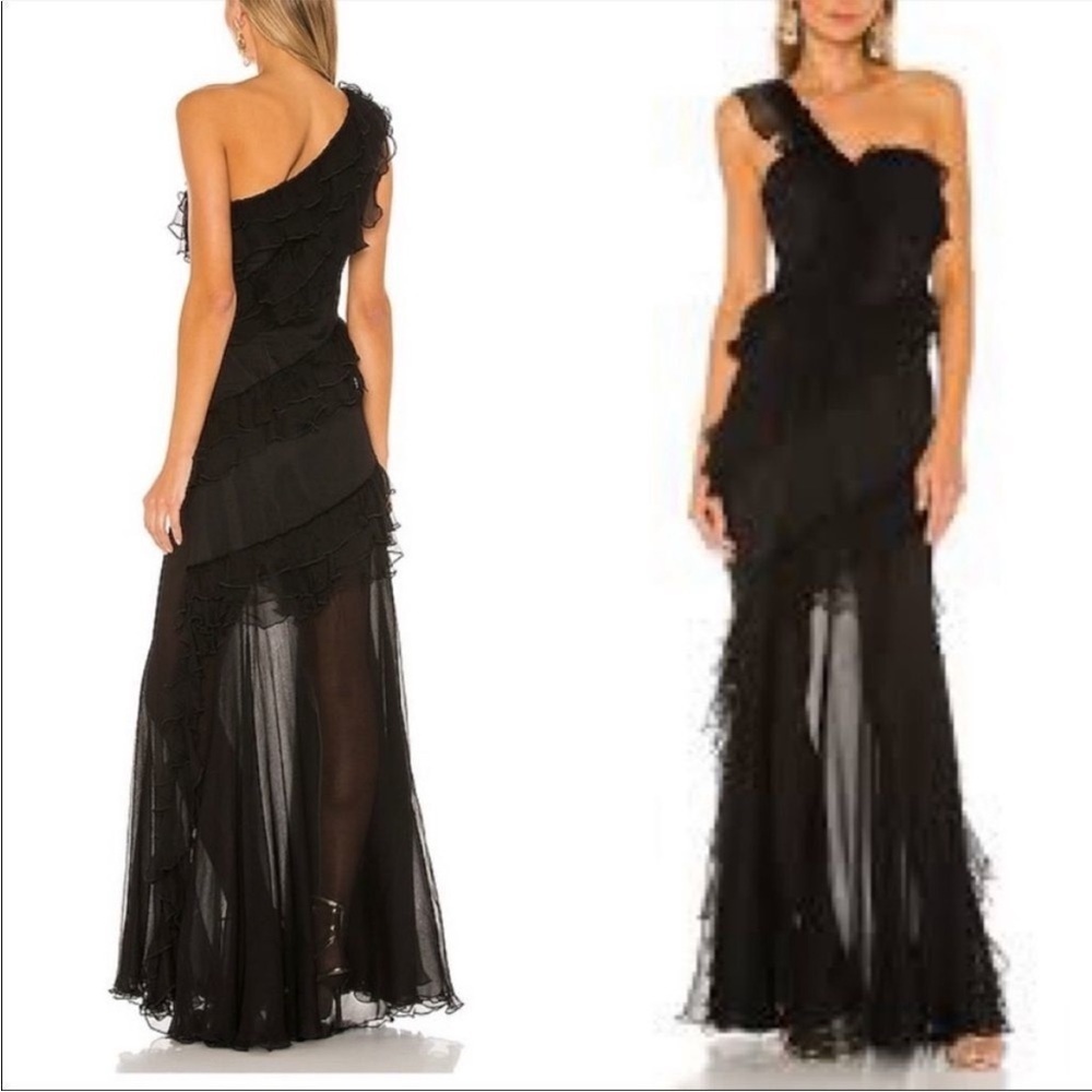 AMUR Black Harlow Silk One-Shoulder Ruffle & Sheer Gown Dress Black 0